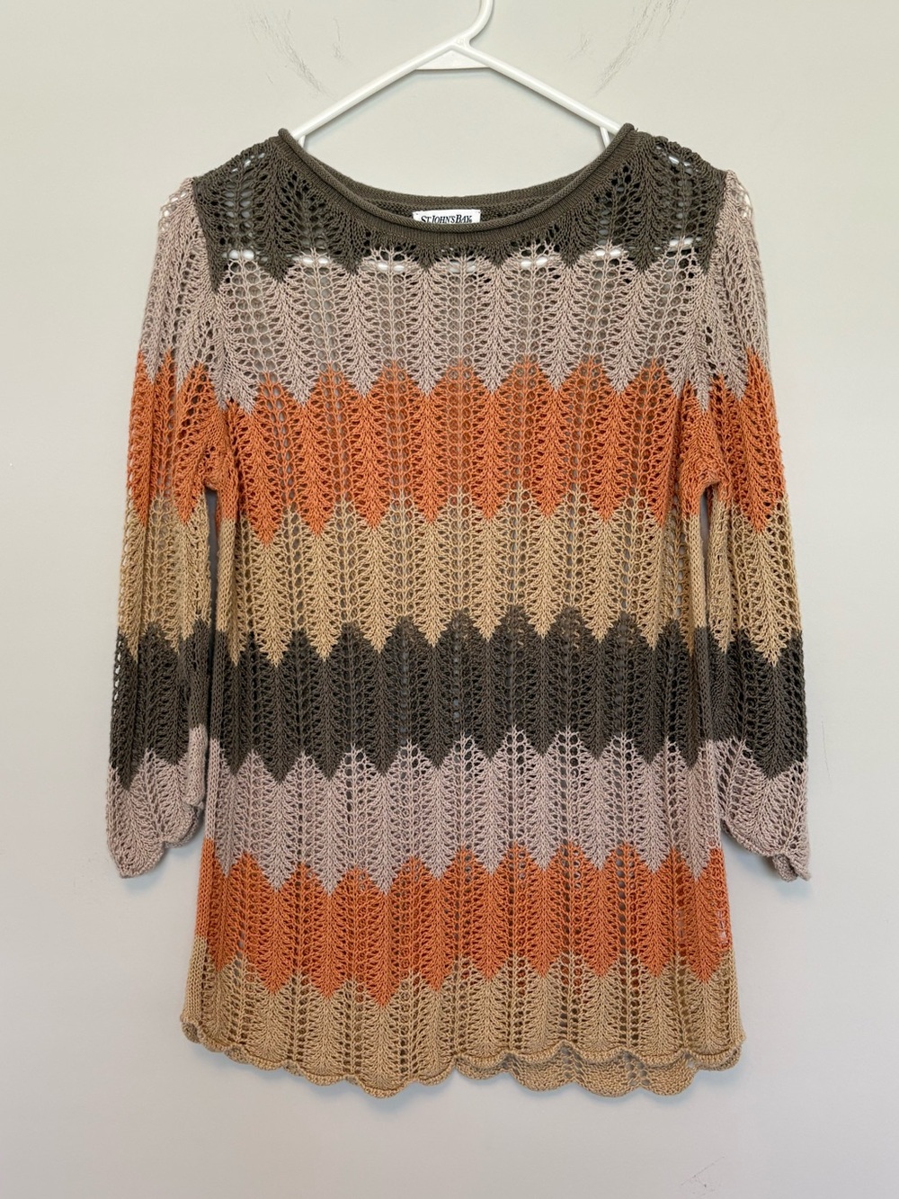 St. John's Bay Crochet Knit Chevron Sweater Multicolor Earth Tones Size Large